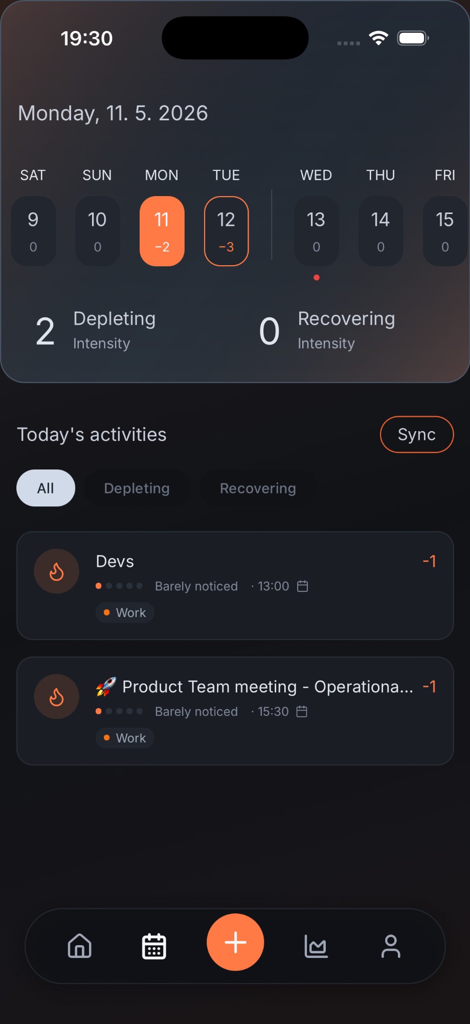 Activity log screen with calendar strip and today’s activities